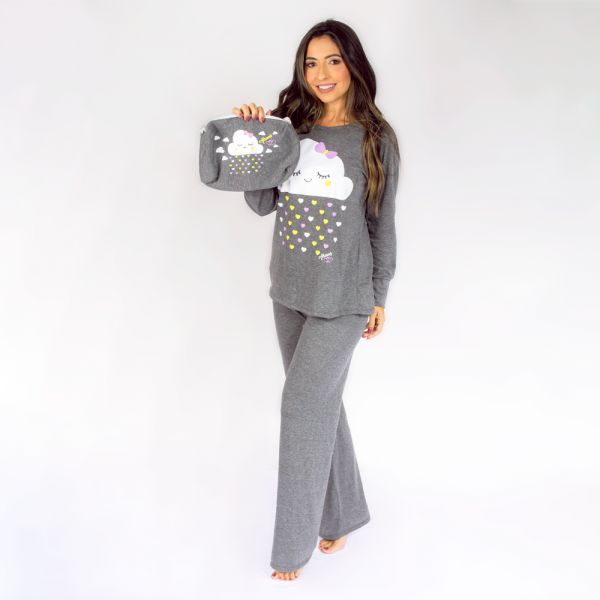 Pijama Longo Algodão com Estampa em Silk + Necessaire