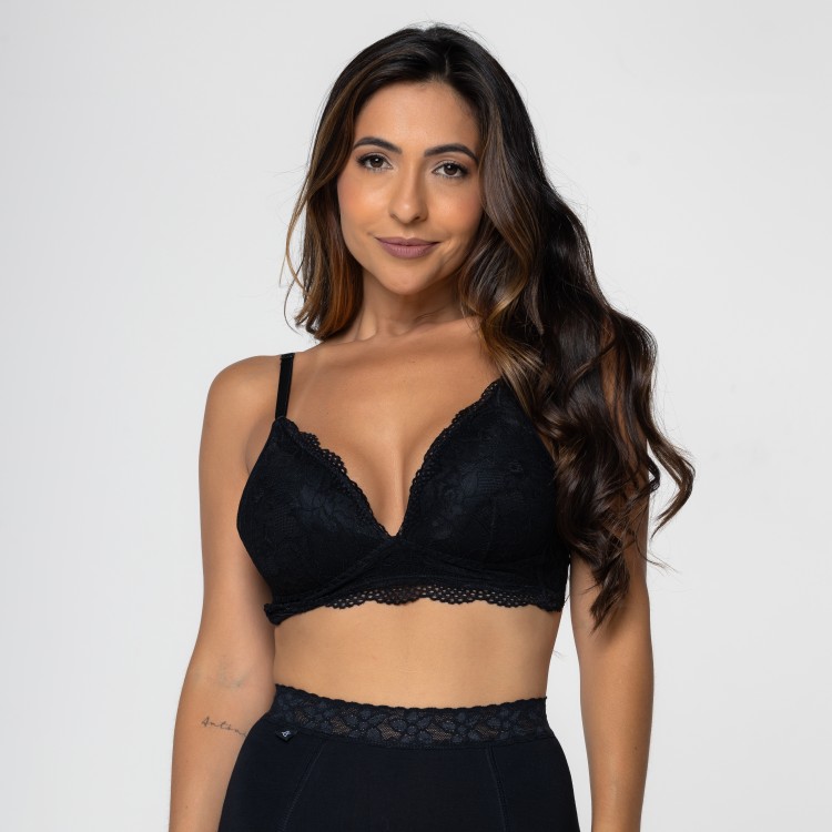 Sutiã com Bojo Flexível, Sem Aro de Algodão Egípcio em renda Preto