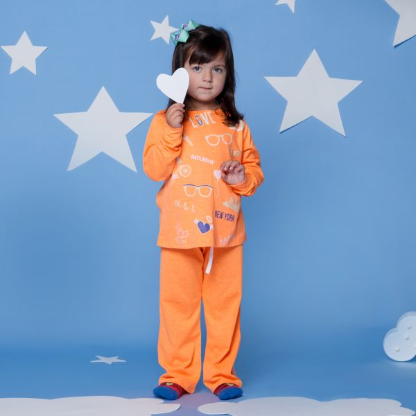 Pijama Infantil Manga Longa Laranja Óculos