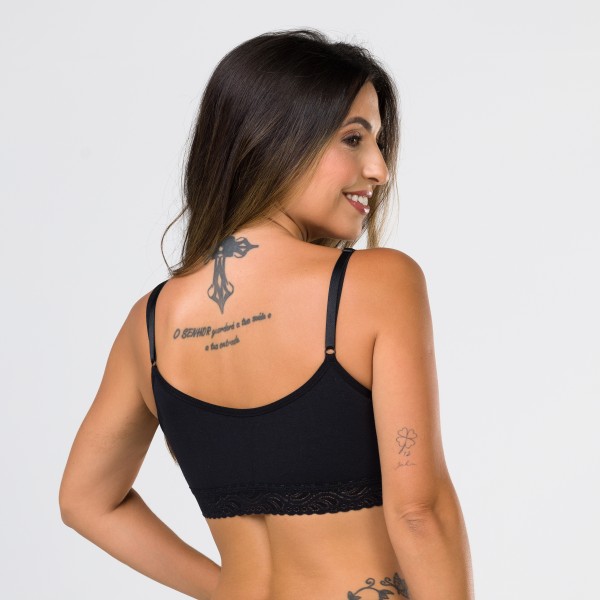 Sutiã Básico em Algodão Egípcio Preto sem Bojo com Renda