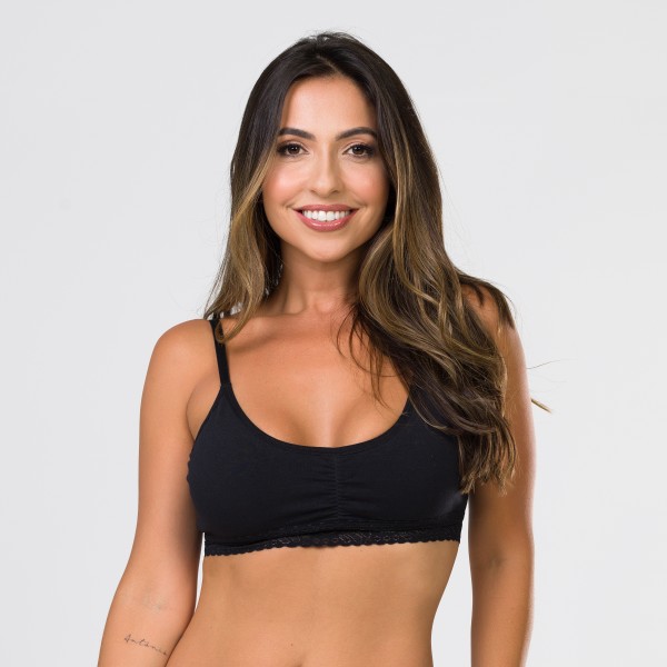 Sutiã Básico em Algodão Egípcio Preto sem Bojo com Renda