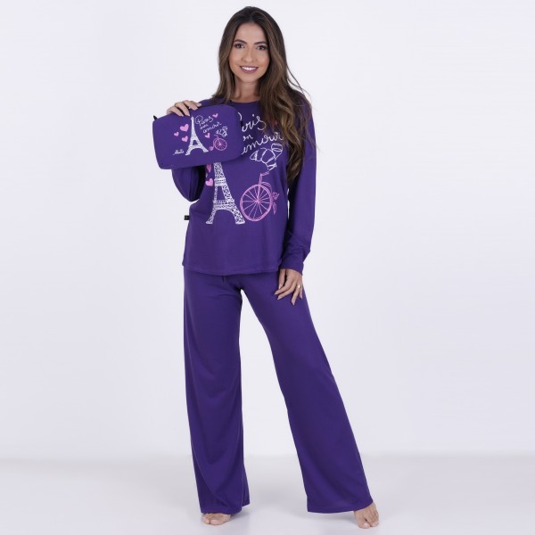 Pijama Longo em Algodão Com Estampa em Silk + Necessaire