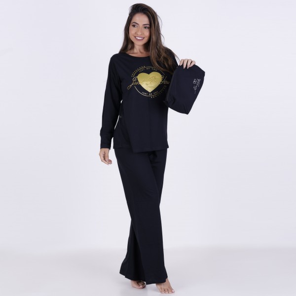 Pijama Longo em Algodão Com Estampa em Silk + Strass