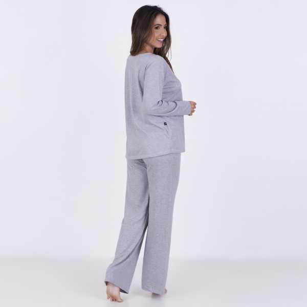 Pijama Longo em Algodão Com Estampa em Silk + Strass