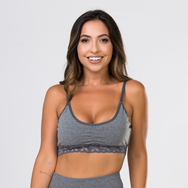 Sutiã Básico em Algodão Egípcio Mescla Escuro sem Bojo com Renda