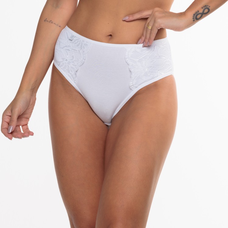 Calcinha com Detalhe em Renda Sobreposta Branco em Algodão Egípcio