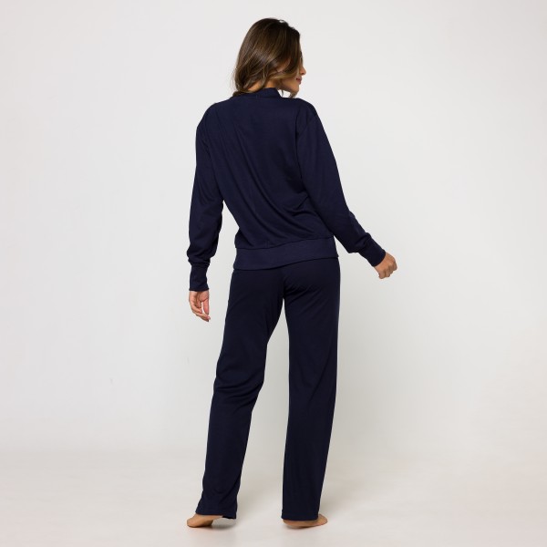Pijama Manga Longa com Botões em Algodão Egípcio Marinho