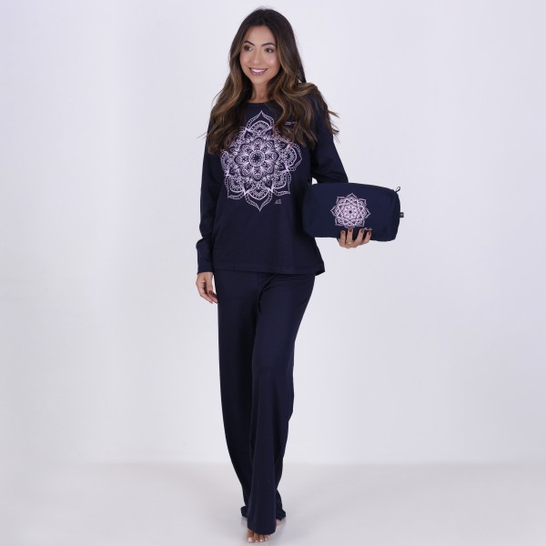 Pijama Longo Algodão com Estampa em Silk + Necessaire
