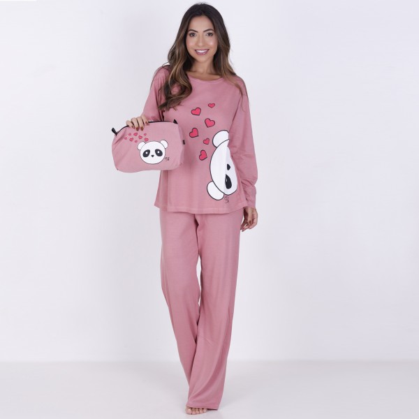 Pijama Longo Algodão com Estampa em Silk + Necessaire