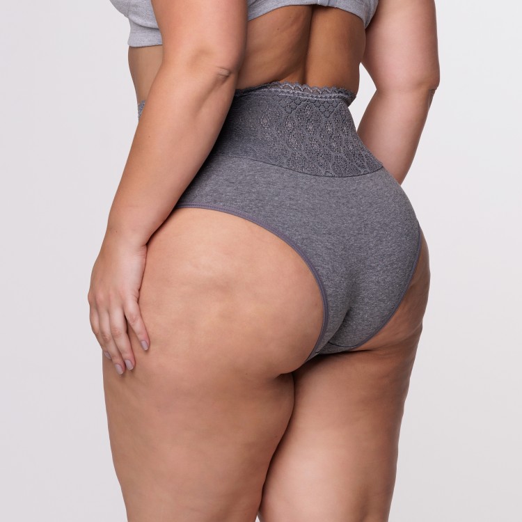 Calcinha Plus Size Algodão Egípcio Barra Renda Forrada Cinza Escuro