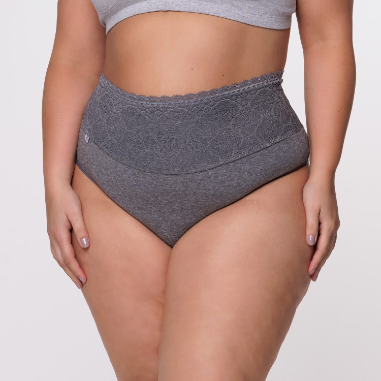 Calcinha Plus Size Algodão Egípcio Barra Renda Forrada Cinza Escuro