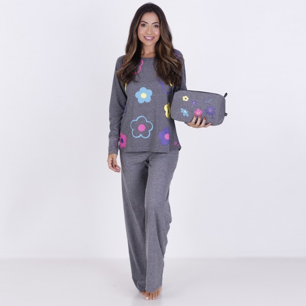 Pijama Longo Algodão com Estampa em Silk + Necessaire