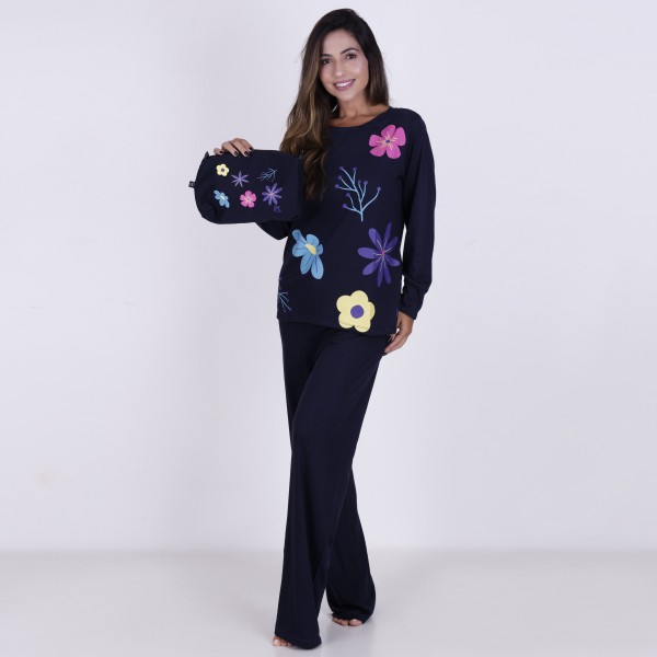 Pijama Longo Algodão com Estampa em Silk + Necessaire