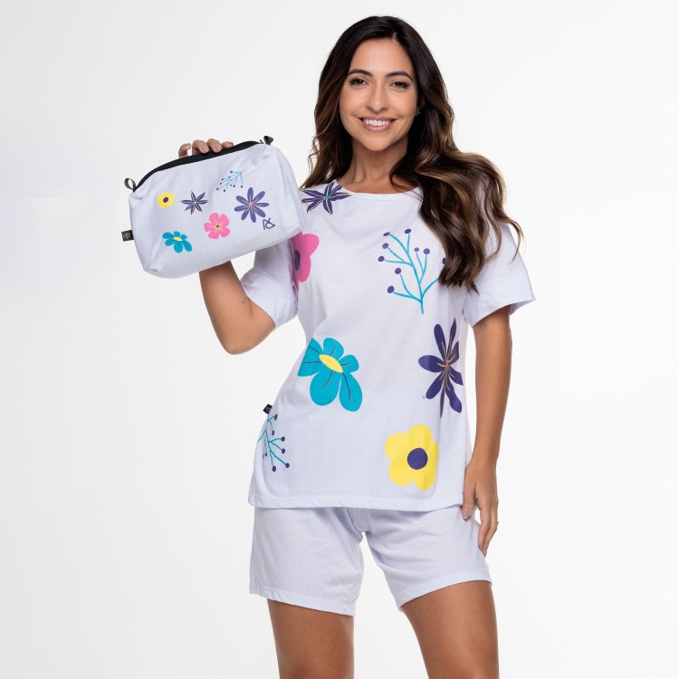 Pijama Curto Careca Branco Flores