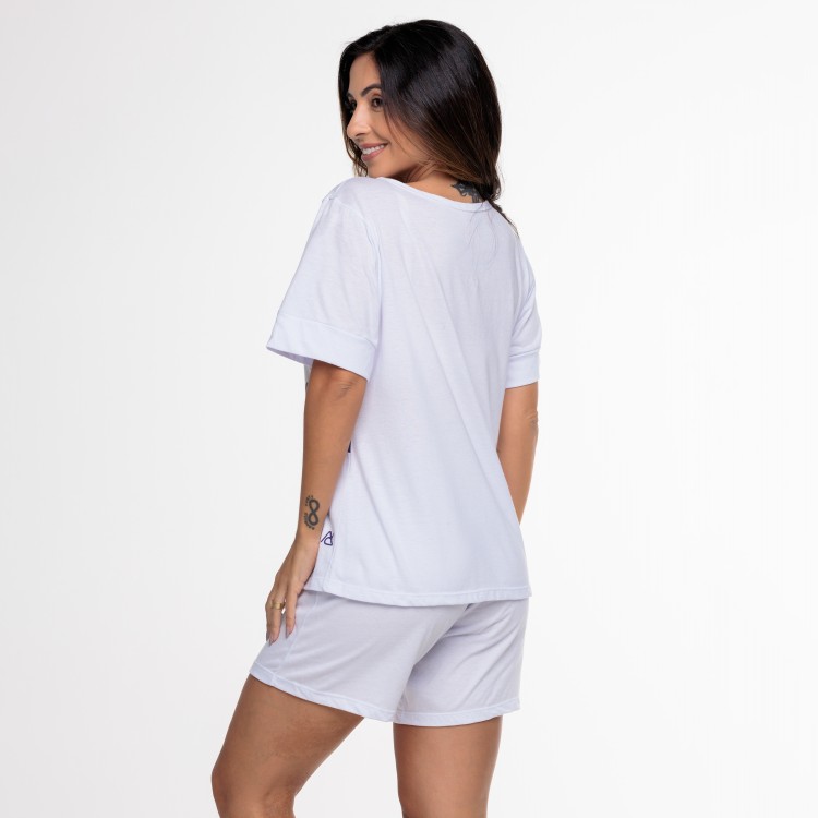 Pijama Curto Careca Branco Flores