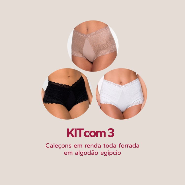 Kit com 3 Caleçons em renda toda forrada em algodão egípcio
