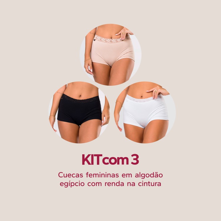 Kit com 3 cuecas femininas em algodão egípcio com renda na cintura