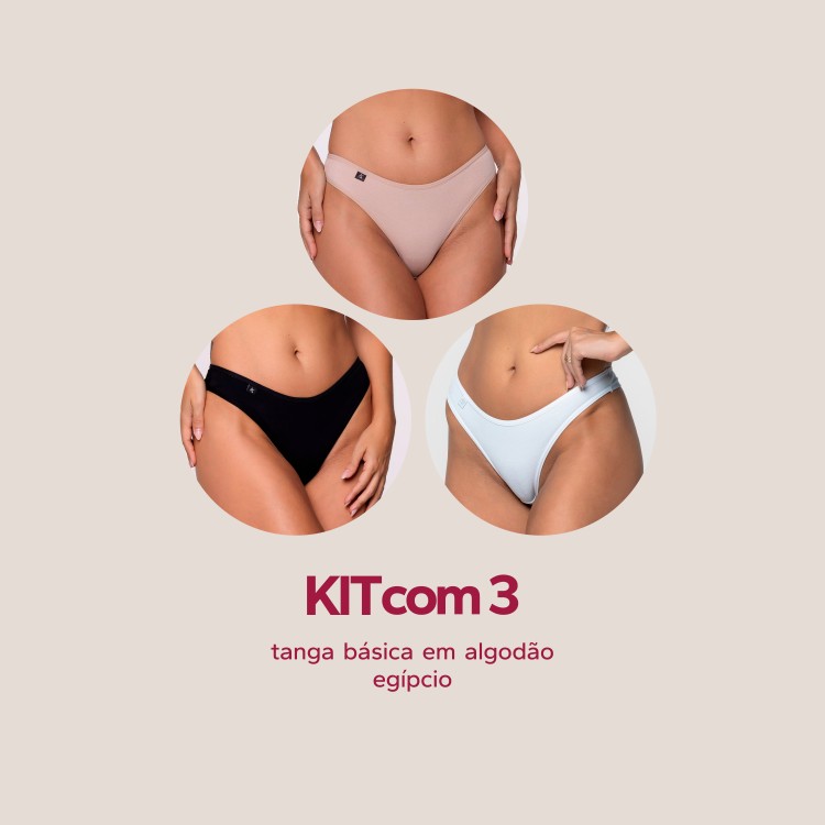 Kit com 3 tangas basicas em algodão egipcio Preto, Branco e Areia