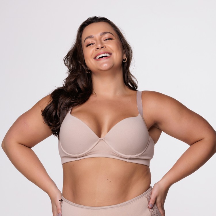 Sutiã Plus Size com Alça Reforçada e Bojo soft com Viés na cor Areia